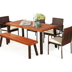 6-Piece Acacia Wood Patio Dining Set, Patiojoy Outdoor Wicker Furniture Set
