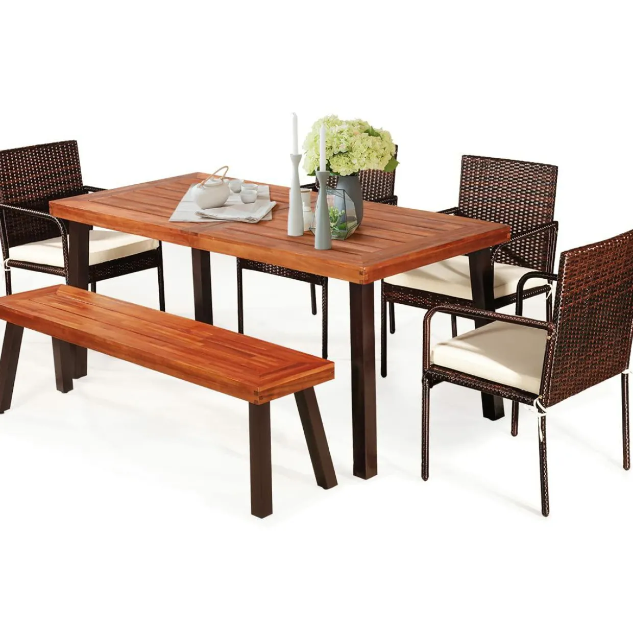 6-Piece Acacia Wood Patio Dining Set, Patiojoy Outdoor Wicker Furniture Set
