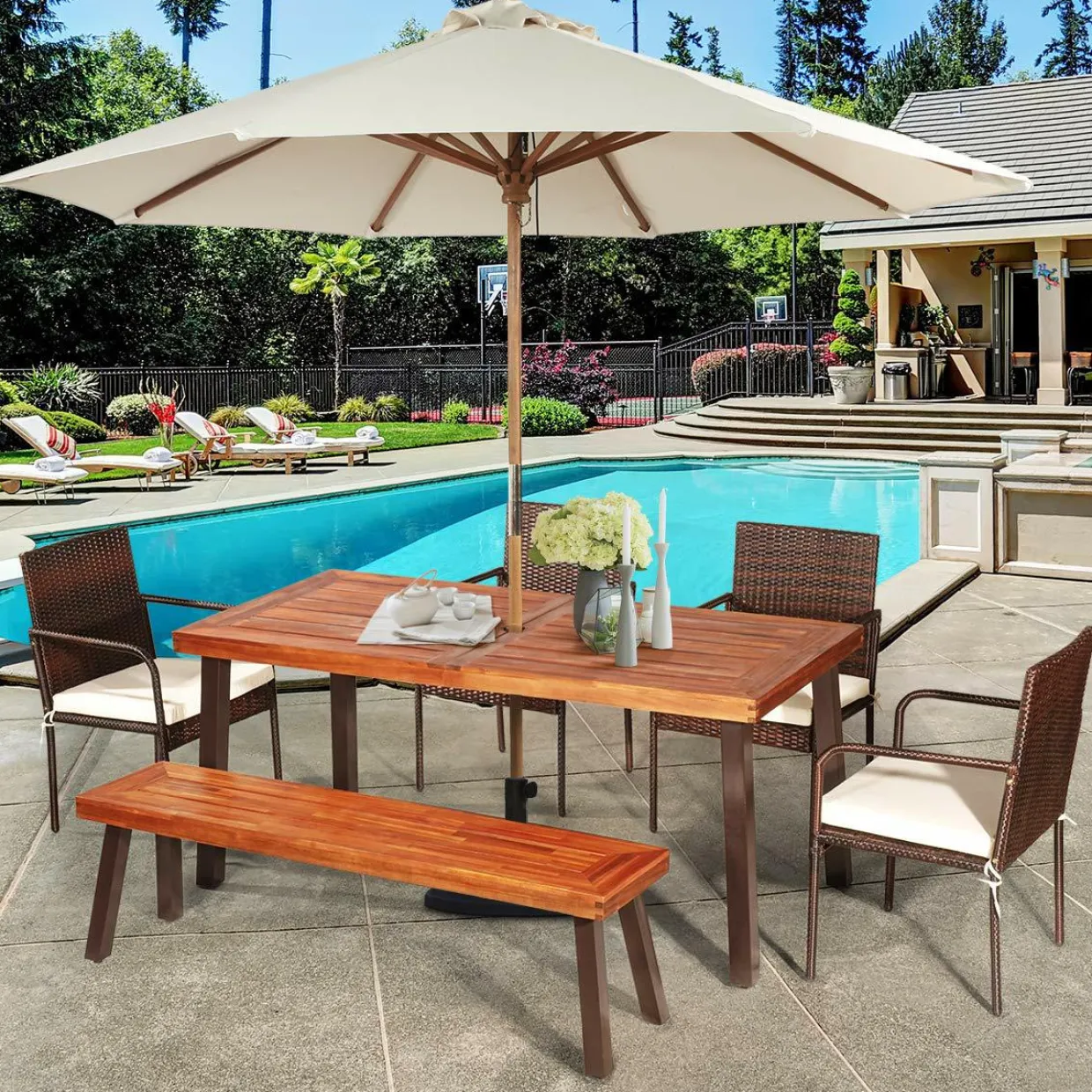 6-Piece Acacia Wood Patio Dining Set, Patiojoy Outdoor Wicker Furniture Set