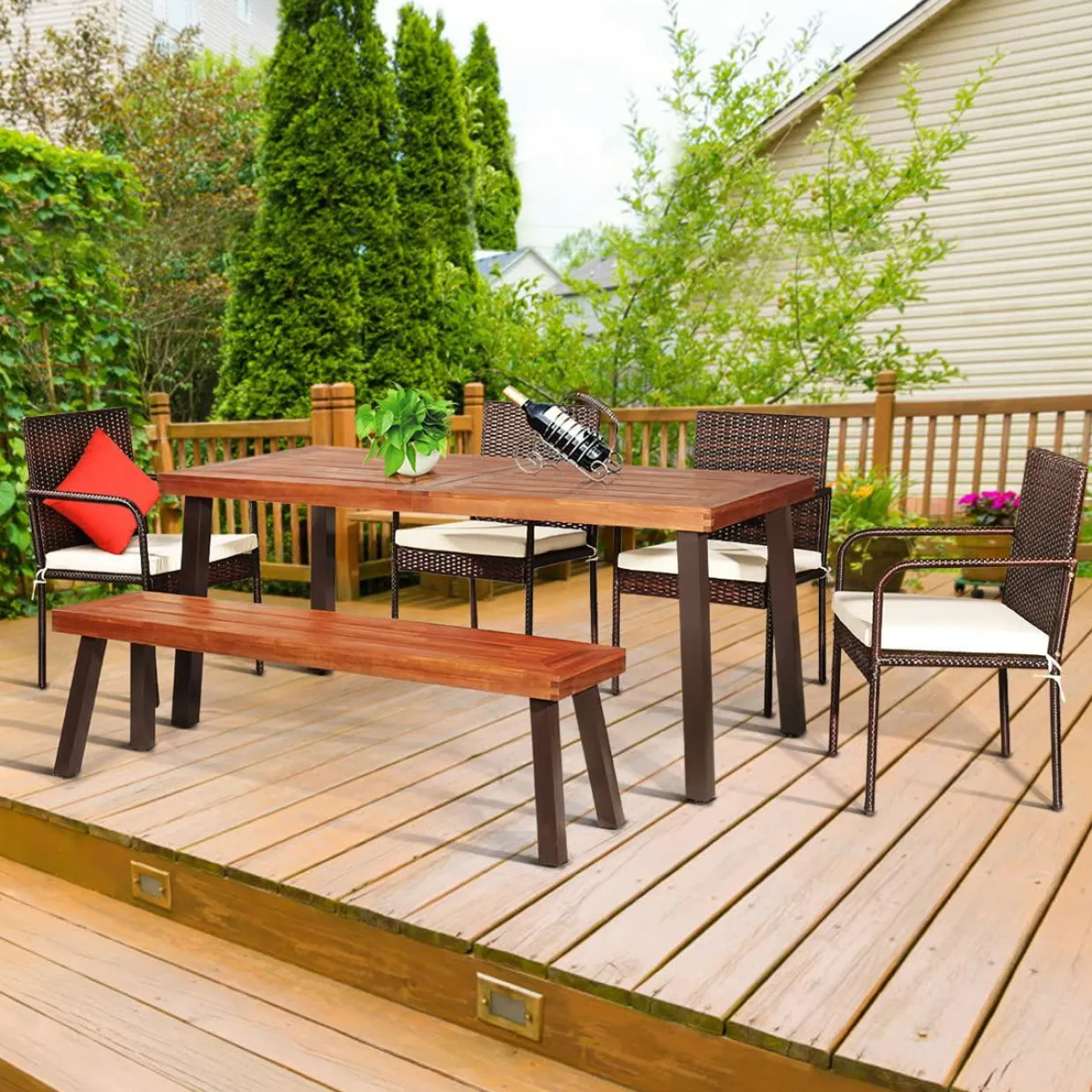 6-Piece Acacia Wood Patio Dining Set, Patiojoy Outdoor Wicker Furniture Set