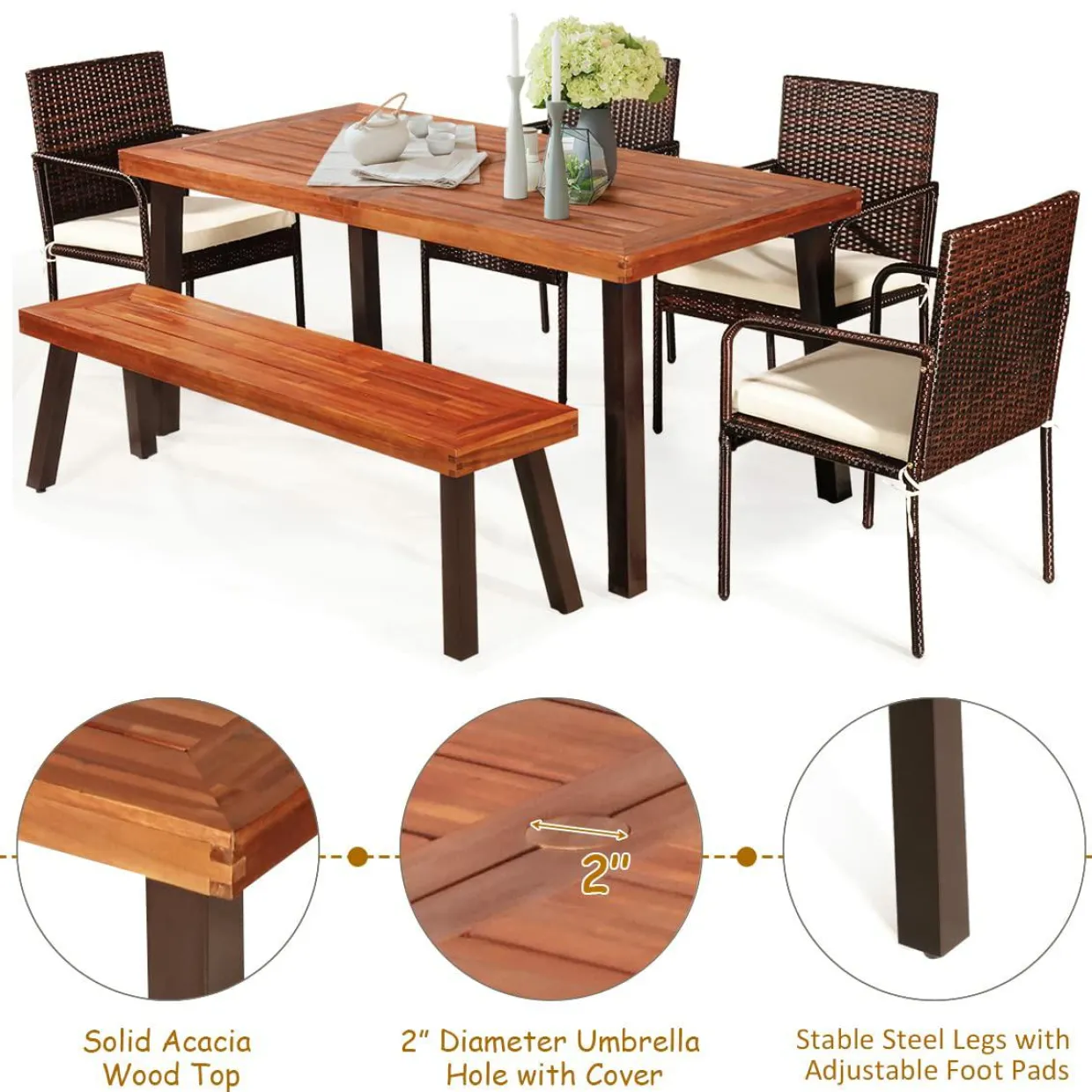 6-Piece Acacia Wood Patio Dining Set, Patiojoy Outdoor Wicker Furniture Set