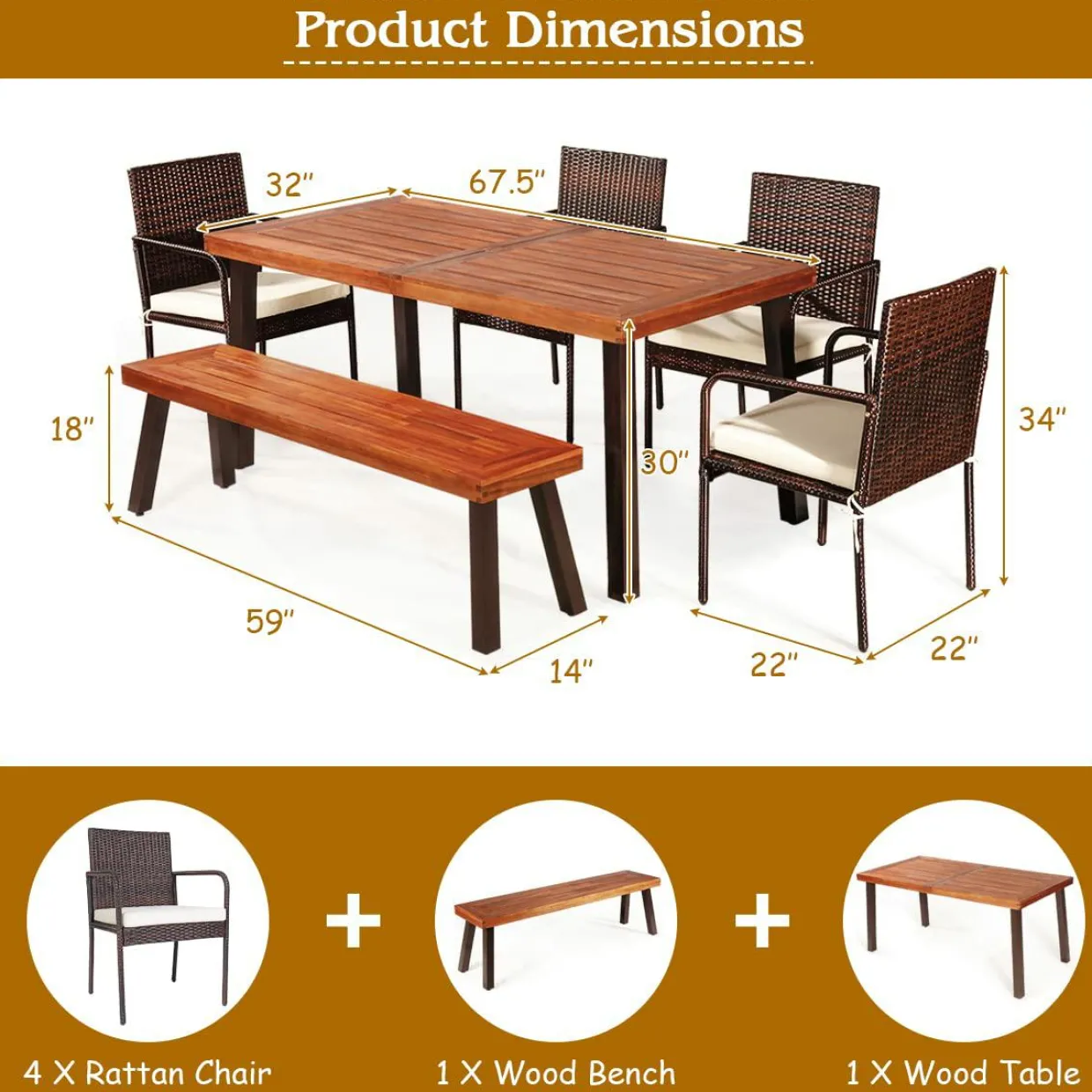 6-Piece Acacia Wood Patio Dining Set, Patiojoy Outdoor Wicker Furniture Set