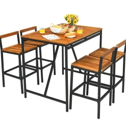 5-Piece Outdoor Acacia Wood Bar Table Set, Bar Height Outdoor and Rattan Dining Set