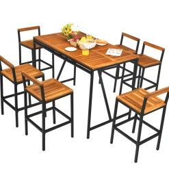 7-Piece Outdoor Acacia Wood Bar Set, Patiojoy Outdoor Rattan High-Dining 6 Bar Stools and 1 Rectangular Table with Umbrella Hole