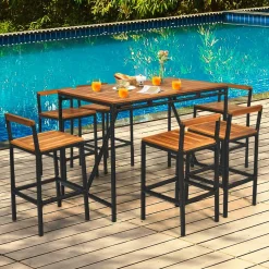 7-Piece Outdoor Acacia Wood Bar Set, Patiojoy Outdoor Rattan High-Dining 6 Bar Stools and 1 Rectangular Table with Umbrella Hole