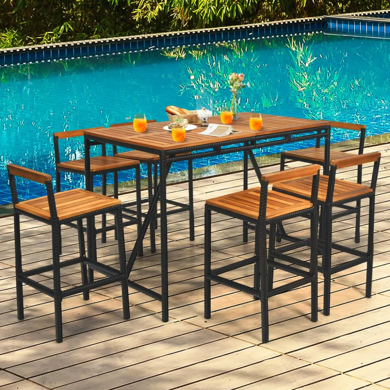 7-Piece Outdoor Acacia Wood Bar Set, Patiojoy Outdoor Rattan High-Dining 6 Bar Stools and 1 Rectangular Table with Umbrella Hole