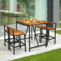 5-Piece Outdoor Acacia Wood Bar Table Set, Bar Height Outdoor and Rattan Dining Set