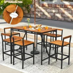 7-Piece Outdoor Acacia Wood Bar Set, Patiojoy Outdoor Rattan High-Dining 6 Bar Stools and 1 Rectangular Table with Umbrella Hole