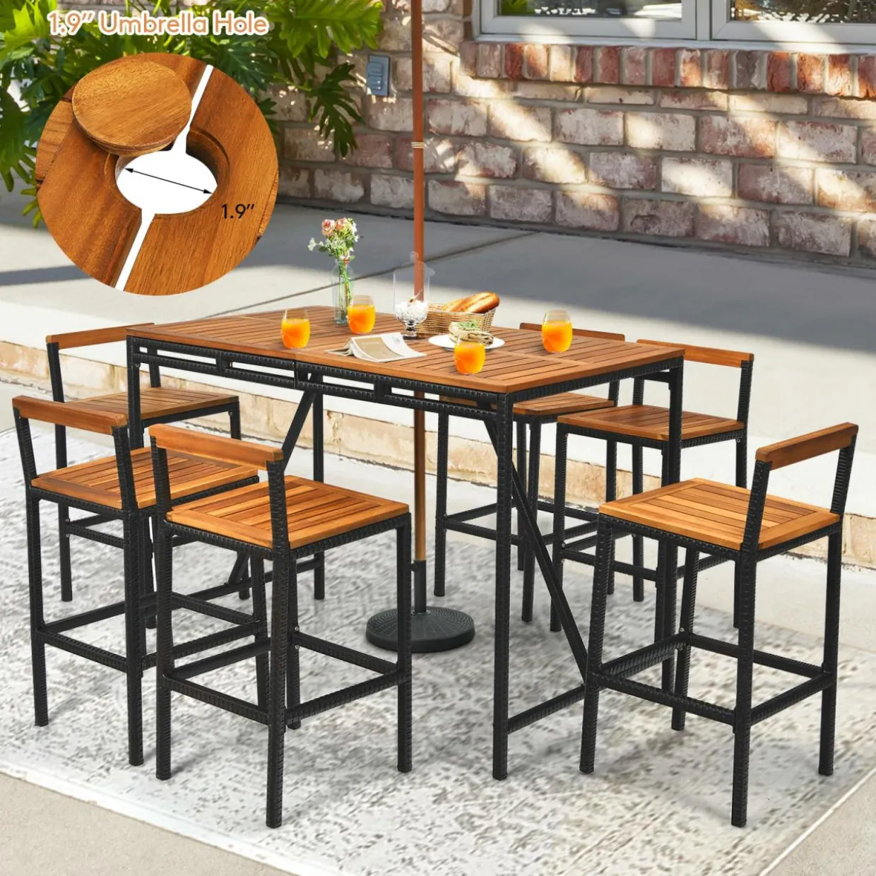 7-Piece Outdoor Acacia Wood Bar Set, Patiojoy Outdoor Rattan High-Dining 6 Bar Stools and 1 Rectangular Table with Umbrella Hole