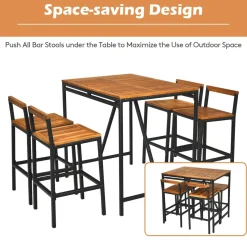 5-Piece Outdoor Acacia Wood Bar Table Set, Bar Height Outdoor and Rattan Dining Set