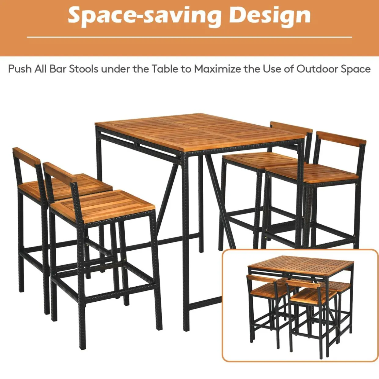 5-Piece Outdoor Acacia Wood Bar Table Set, Bar Height Outdoor and Rattan Dining Set