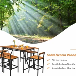 7-Piece Outdoor Acacia Wood Bar Set, Patiojoy Outdoor Rattan High-Dining 6 Bar Stools and 1 Rectangular Table with Umbrella Hole