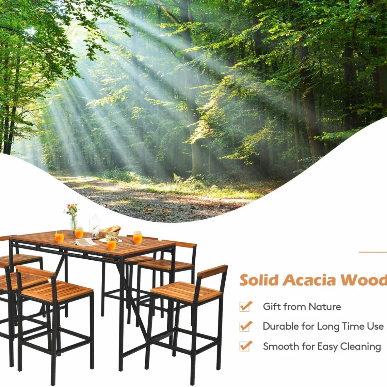 7-Piece Outdoor Acacia Wood Bar Set, Patiojoy Outdoor Rattan High-Dining 6 Bar Stools and 1 Rectangular Table with Umbrella Hole