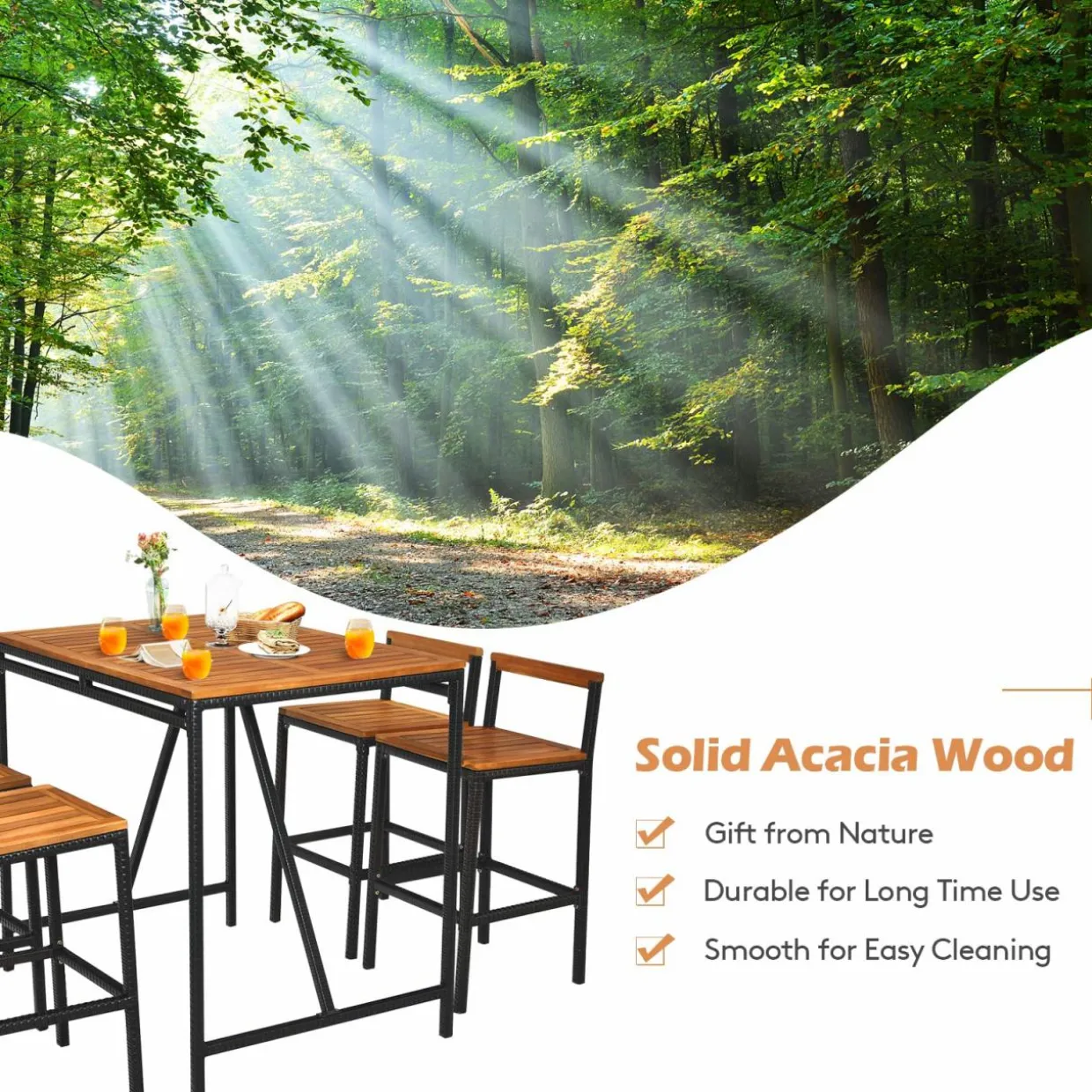 5-Piece Outdoor Acacia Wood Bar Table Set, Bar Height Outdoor and Rattan Dining Set