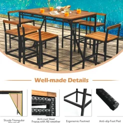 7-Piece Outdoor Acacia Wood Bar Set, Patiojoy Outdoor Rattan High-Dining 6 Bar Stools and 1 Rectangular Table with Umbrella Hole