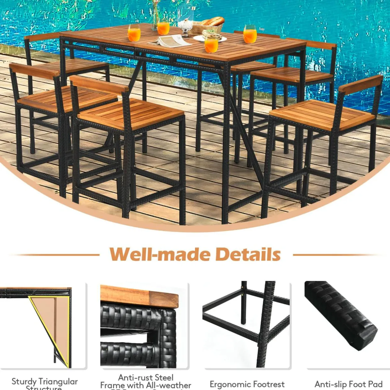 7-Piece Outdoor Acacia Wood Bar Set, Patiojoy Outdoor Rattan High-Dining 6 Bar Stools and 1 Rectangular Table with Umbrella Hole