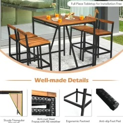 5-Piece Outdoor Acacia Wood Bar Table Set, Bar Height Outdoor and Rattan Dining Set