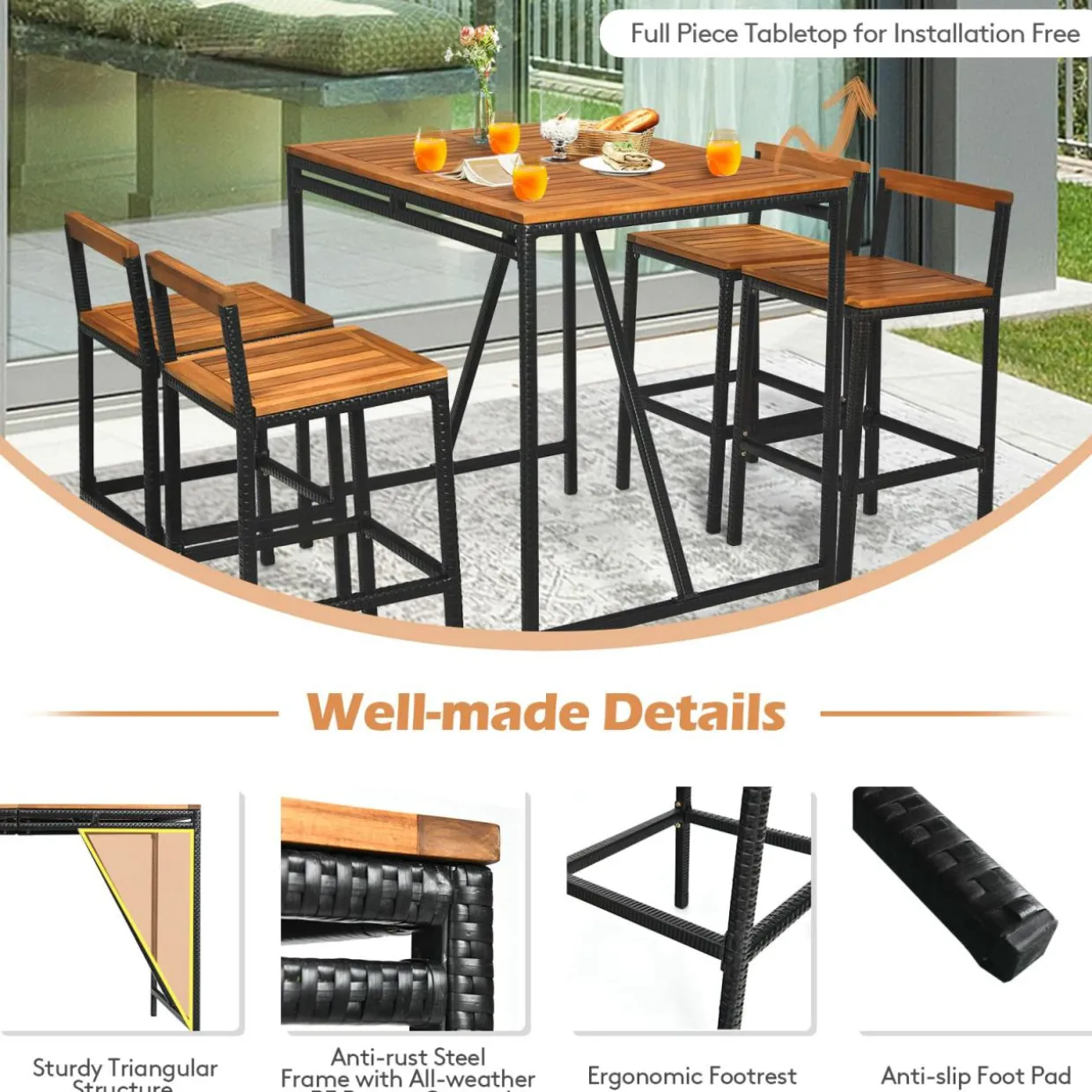 5-Piece Outdoor Acacia Wood Bar Table Set, Bar Height Outdoor and Rattan Dining Set