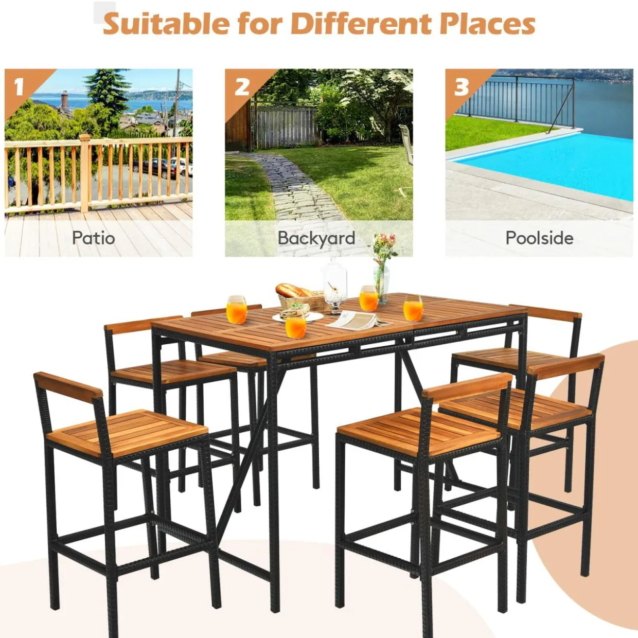 7-Piece Outdoor Acacia Wood Bar Set, Patiojoy Outdoor Rattan High-Dining 6 Bar Stools and 1 Rectangular Table with Umbrella Hole