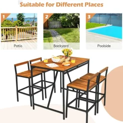 5-Piece Outdoor Acacia Wood Bar Table Set, Bar Height Outdoor and Rattan Dining Set