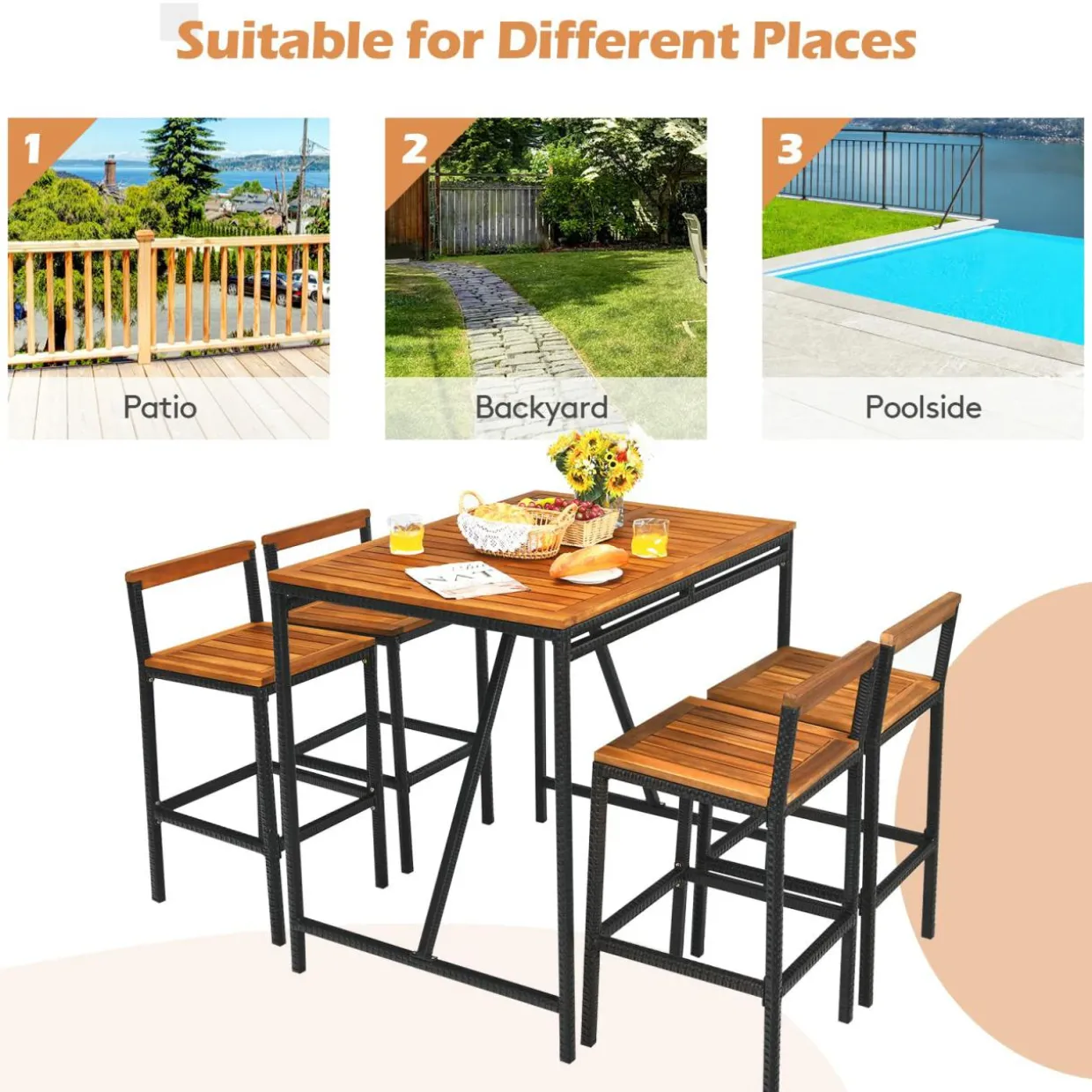 5-Piece Outdoor Acacia Wood Bar Table Set, Bar Height Outdoor and Rattan Dining Set