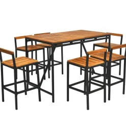 7-Piece Outdoor Acacia Wood Bar Set, Patiojoy Outdoor Rattan High-Dining 6 Bar Stools and 1 Rectangular Table with Umbrella Hole