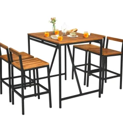 5-Piece Outdoor Acacia Wood Bar Table Set, Bar Height Outdoor and Rattan Dining Set
