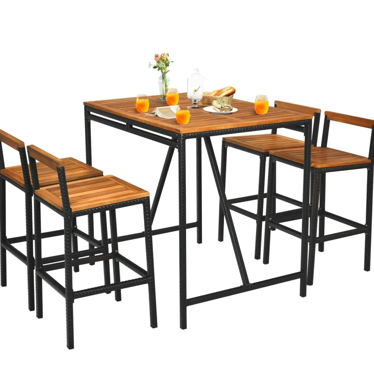 5-Piece Outdoor Acacia Wood Bar Table Set, Bar Height Outdoor and Rattan Dining Set