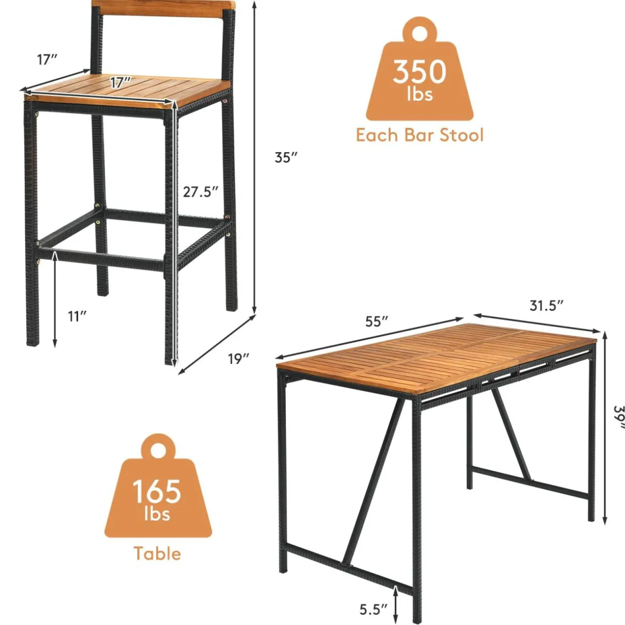 7-Piece Outdoor Acacia Wood Bar Set, Patiojoy Outdoor Rattan High-Dining 6 Bar Stools and 1 Rectangular Table with Umbrella Hole