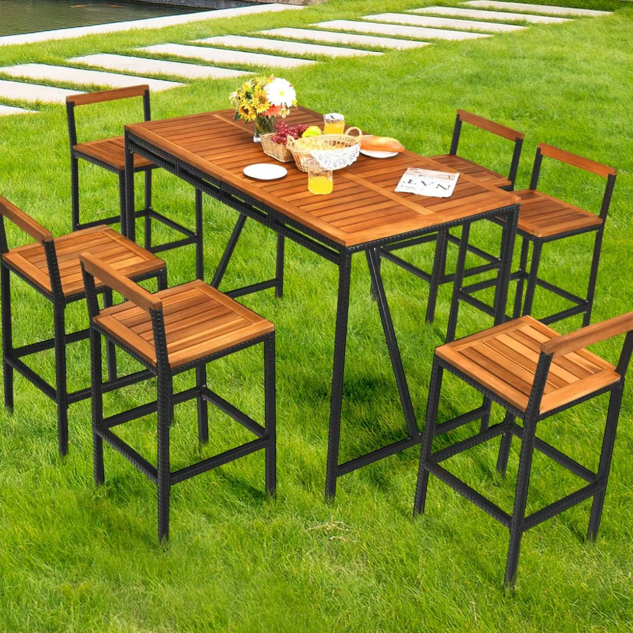 7-Piece Outdoor Acacia Wood Bar Set, Patiojoy Outdoor Rattan High-Dining 6 Bar Stools and 1 Rectangular Table with Umbrella Hole