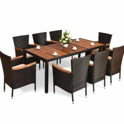 9 Piece Outdoor Dining Set, Garden Patio Wicker Set w/Cushions