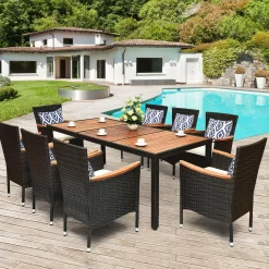 9 Piece Outdoor Dining Set, Garden Patio Wicker Set w/Cushions