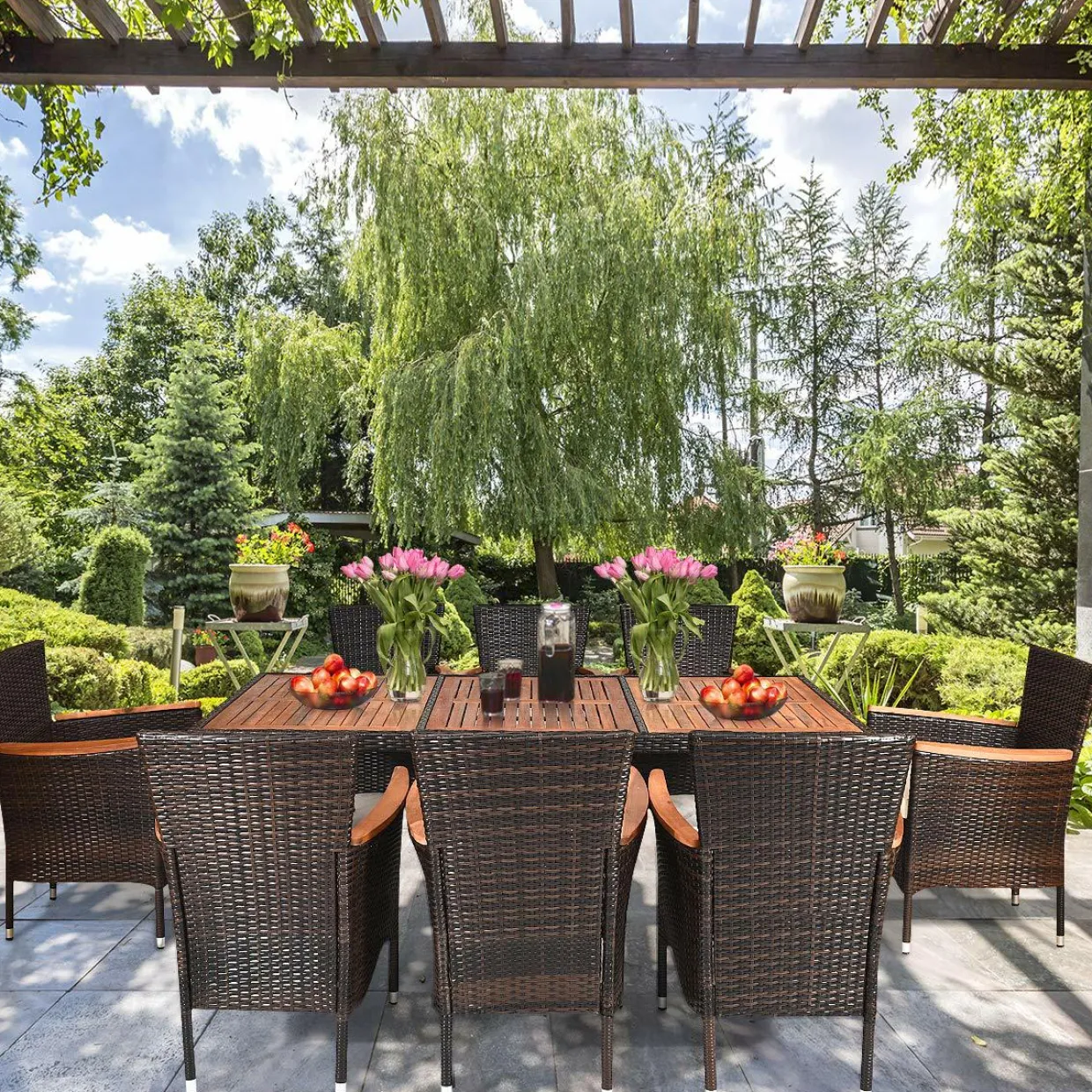 9 Piece Outdoor Dining Set, Garden Patio Wicker Set w/Cushions