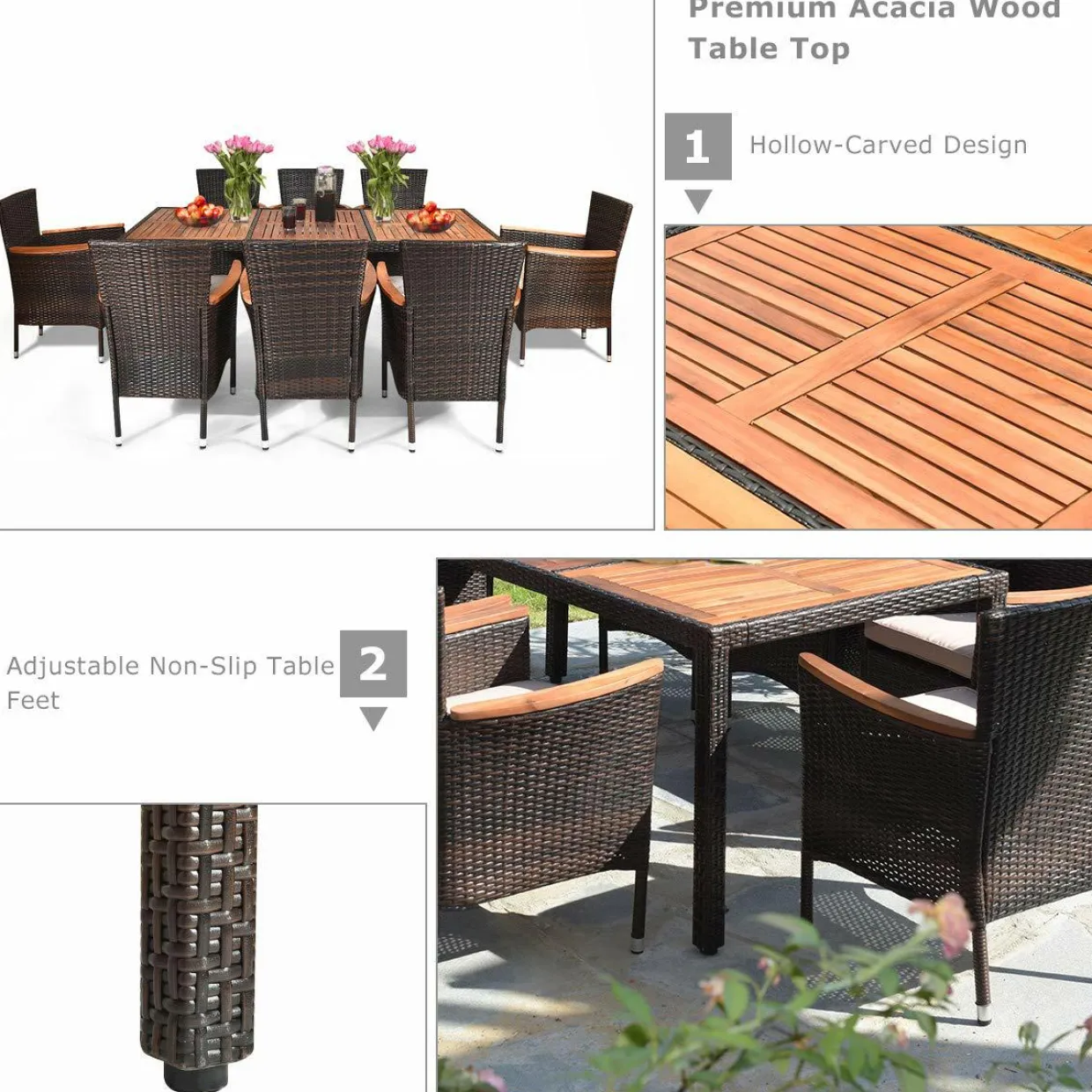 9 Piece Outdoor Dining Set, Garden Patio Wicker Set w/Cushions