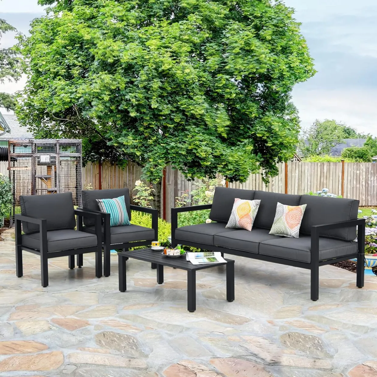 4-Piece Outdoor Furniture Set, Garden Aluminum Conversation Set with Padded Cushions