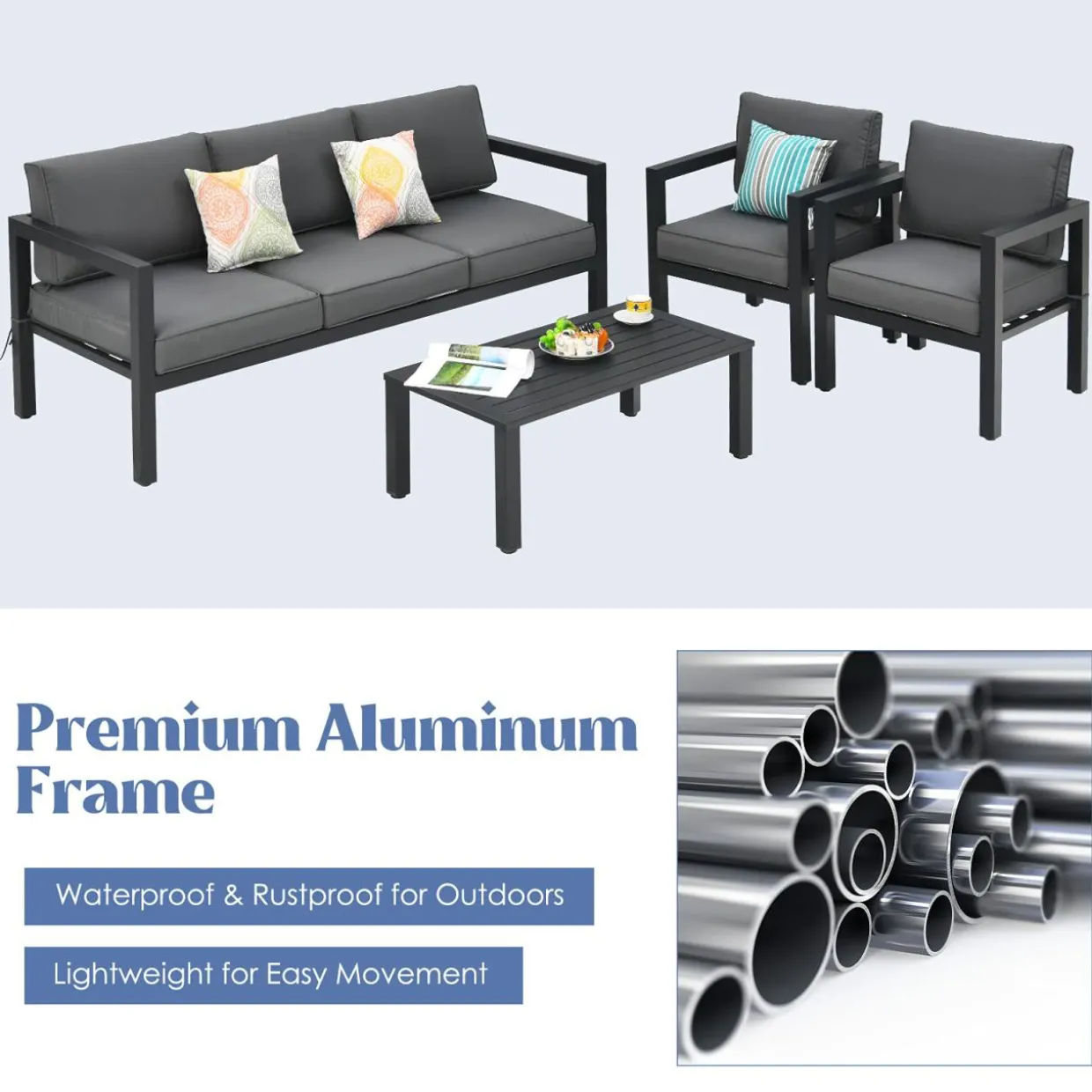 4-Piece Outdoor Furniture Set, Garden Aluminum Conversation Set with Padded Cushions