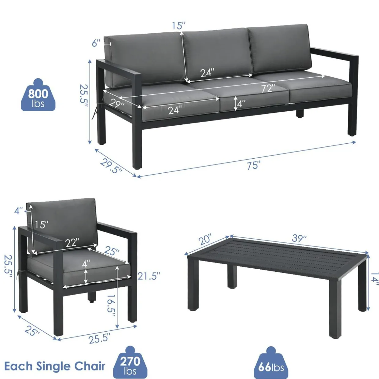 4-Piece Outdoor Furniture Set, Garden Aluminum Conversation Set with Padded Cushions