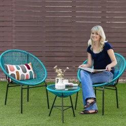 3 Piece Outdoor Patio Furniture Set, Acapulco Chair Set w/Plastic Rope, Tempered Glass Table