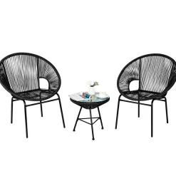 3 Piece Outdoor Patio Furniture Set, Acapulco Chair Set w/Plastic Rope, Tempered Glass Table