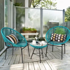 3 Piece Outdoor Patio Furniture Set, Acapulco Chair Set w/Plastic Rope, Tempered Glass Table