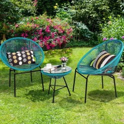 3 Piece Outdoor Patio Furniture Set, Acapulco Chair Set w/Plastic Rope, Tempered Glass Table