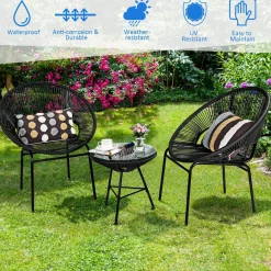 3 Piece Outdoor Patio Furniture Set, Acapulco Chair Set w/Plastic Rope, Tempered Glass Table