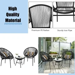 3 Piece Outdoor Patio Furniture Set, Acapulco Chair Set w/Plastic Rope, Tempered Glass Table