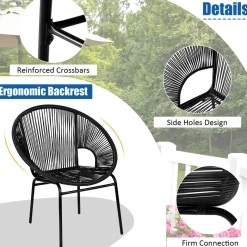 3 Piece Outdoor Patio Furniture Set, Acapulco Chair Set w/Plastic Rope, Tempered Glass Table