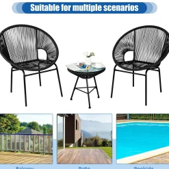 3 Piece Outdoor Patio Furniture Set, Acapulco Chair Set w/Plastic Rope, Tempered Glass Table