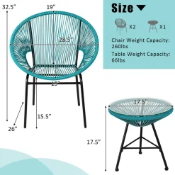 3 Piece Outdoor Patio Furniture Set, Acapulco Chair Set w/Plastic Rope, Tempered Glass Table