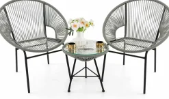 3 Piece Outdoor Patio Furniture Set, Acapulco Chair Set w/Plastic Rope, Tempered Glass Table