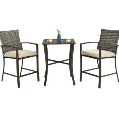 3 Piece Patio Bar Set, Outdoor Bar Stool Bistro Set w/ 27.5" Square Table, 2 Wicker Cushioned Chairs