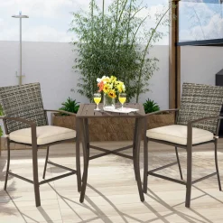 3 Piece Patio Bar Set, Outdoor Bar Stool Bistro Set w/ 27.5" Square Table, 2 Wicker Cushioned Chairs