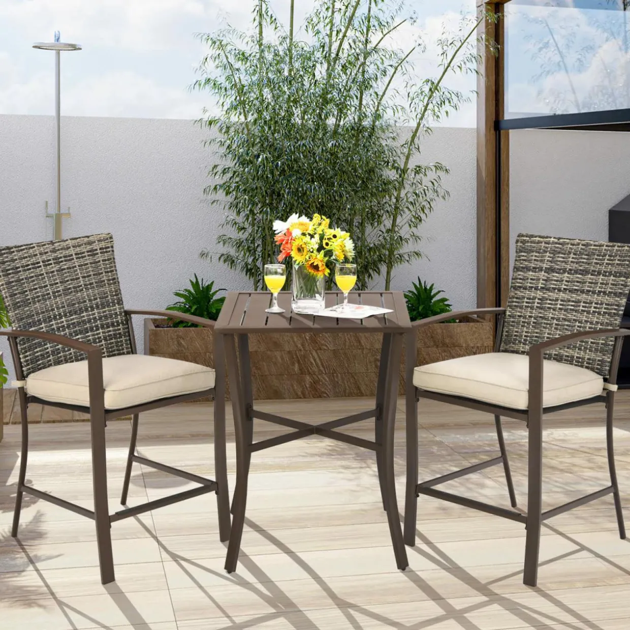 3 Piece Patio Bar Set, Outdoor Bar Stool Bistro Set w/ 27.5" Square Table, 2 Wicker Cushioned Chairs